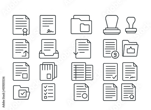 Line style icons of legal documents and filing: legal brief, affidavit icon, case file folder, official stamp, file motion, court filing, subpoena icon, court notice, exhibit icon, legal index,