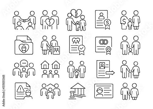 Line style icons of family law and domestic matters: family agreement, divorce icon, custody papers, child support, legal guardian, adoption file, visitation rights, marriage certificate, spousal