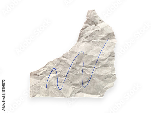 Crumpled paper with blue scribbles on transparent background displaying abstract lines and form