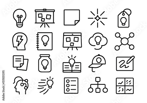 Line style icons of ideas and brainstorming: lightbulb icon, idea board, post-it note, creative spark, innovation tag, brainstorming icon, sketchpad, whiteboard session, idea cloud, mind map, concept