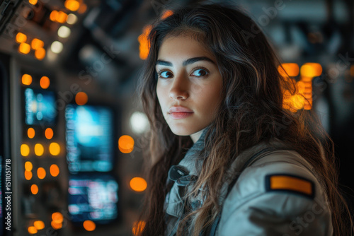 Woman in space suit looking out window.