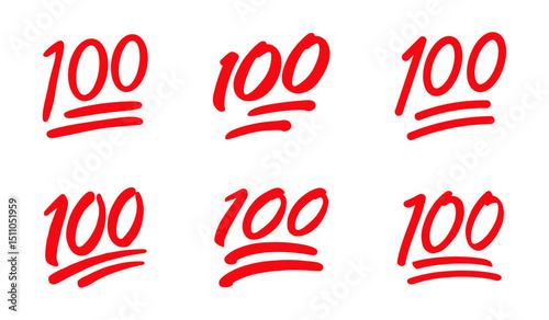 100 points emoji set in red color vector collection. 100 percent emoji. Red hundred symbol modern, simple, vector, icon. Vector illustration