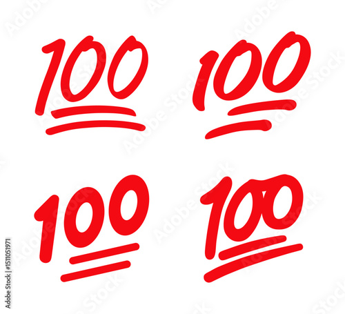 100 points emoji set vector collection in red color. 100 percent emoji. Hundred sticker red isolated on white background.