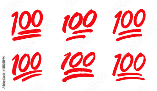 100 percent emoji set in grunge style in red color. 100 points emoticon. Red hundred symbol modern, simple, vector, icon. Vector illustration
