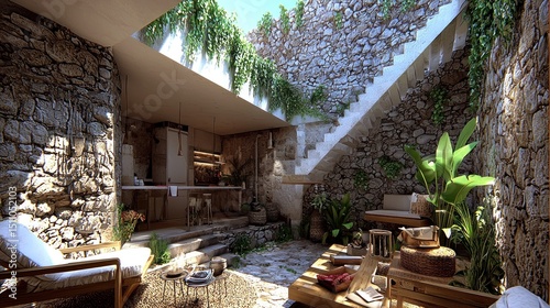 Serene Stone Courtyard Oasis: A Modern Kitchen and Relaxing Patio Design