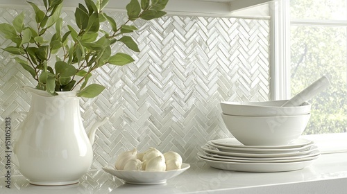 Elegant Kitchen Backsplash with Herringbone Tile, White Dishes, and Greenery