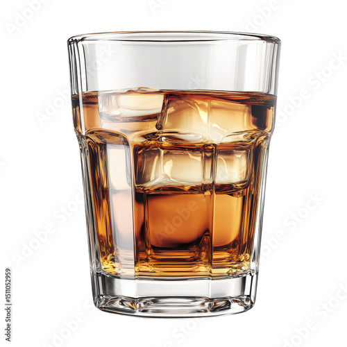 Elegant whiskey glass filled with amber liquor and ice cubes against transparent backdrop
