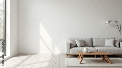 Modern bright minimalist living room, one side left empty for text, neutral sofa, wooden coffee table.