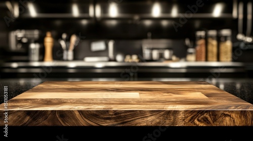 Wooden Cutting Board on a Blurry Kitchen Countertop