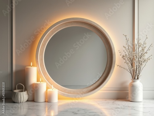 Wall recess with round mirror and candles, clean area around for copy.