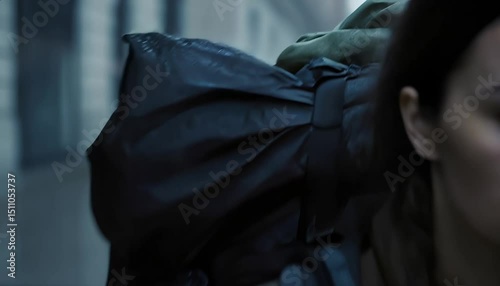 A young woman with long dark hair carries a large backpack in a rainy urban setting. She looks serious and determined as she walks down the street.