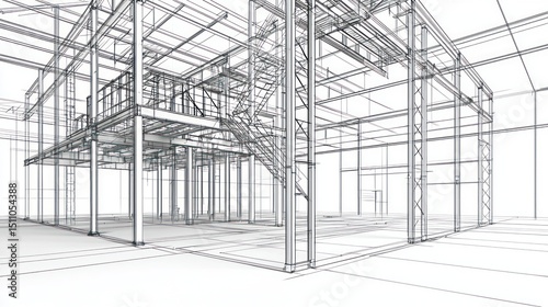 Architectural Wireframe Design: Steel Structure Blueprint
