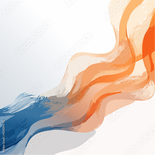 A soft, flowing vector of translucent orange and blue ribbon-like forms on a white background, evoking calm and motion.