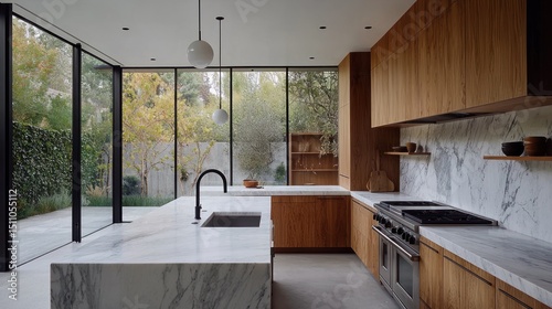 Modern Kitchen with Marble Island and Wood Cabinets