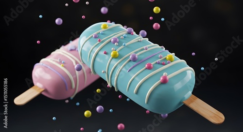 Colorful Ice Cream Popsicles with Sprinkles on Black Background