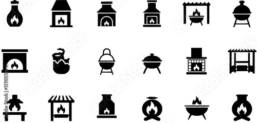 Garden and patio solid icons set – filled style outdoor, relaxation, and furniture symbols for home design: fire pit, table, lounge chairs, pergola, hammock, planter.