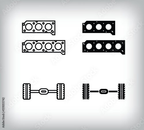 Cylinder head gasket and tire, car equipment icon design. Linear and flat simple set of car equipment icons.