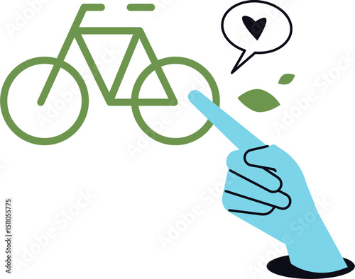 Green bicycle bike cycle transportation vehicle hand finger pointing heart love icon symbol graphic design vector art illustration