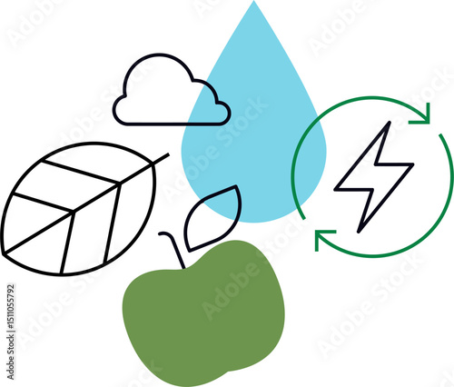 Water cycle cloud rain raindrop earth land green energy renewable nature environment ecology diagram 100 vector art illustration