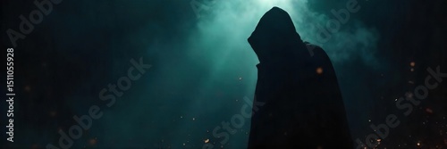 A shadowy figure shrouded in darkness, embodying temptation and moral transgression The image suggests hidden desires and the allure of the forbidden , vice, mystery