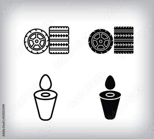 Tire set and oil funnel, car equipment icon design. Linear and flat simple set of car equipment icons.
