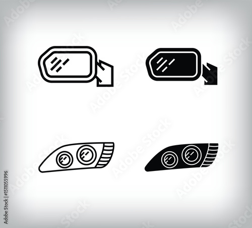 Car mirror and headlight, car equipment icon design. Linear and flat simple set of car equipment icons.