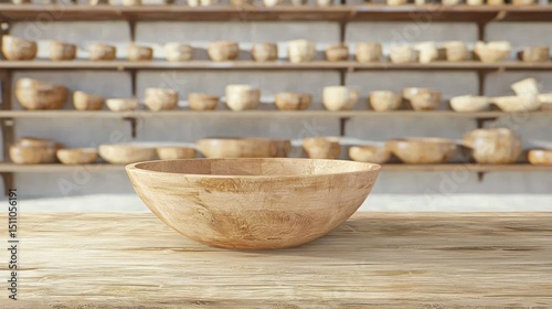 Wooden Bowl on Rustic Table with Background of Shelves Filled with Wooden Bowls