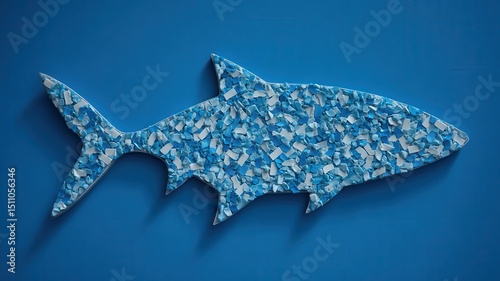 Sea pollution concept.  Artistic fish sculpture made of recycled materials against a blue background.