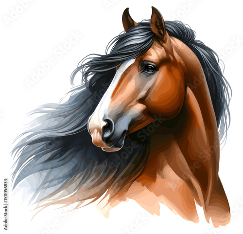 Horse head drawing. Portrait. Watercolor style. Isolated on a white background. Banner. Vector illustration, AI