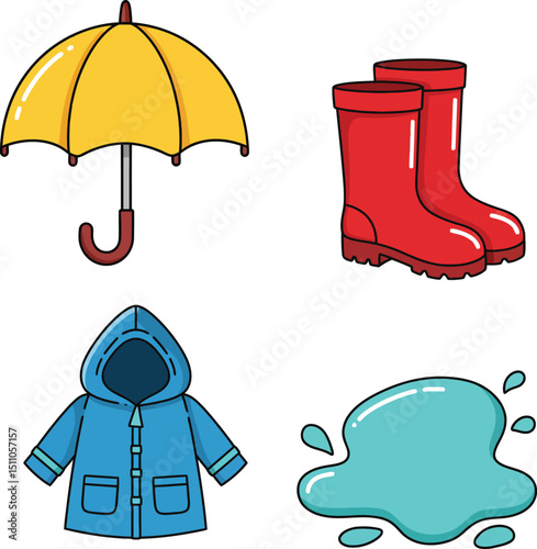 Yellow umbrella red boots blue raincoat and water puddle vector illustration for rainy weather accessories and clothing