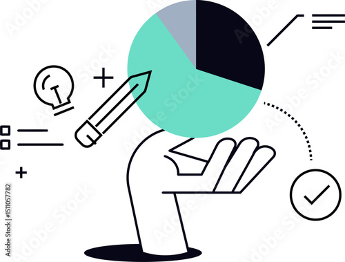 Hand holding pie chart data analysis business analytics information graph statistics report presentation 100 vector art illustration