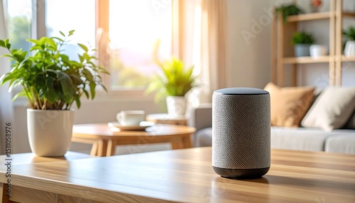 Smart speaker on wooden coffee table in a bright living room