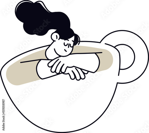 Woman relaxing in giant coffee cup illustration relaxation coffee break morning routine cozy time artwork vector art illustration