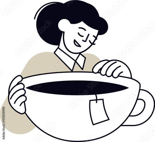 Illustration of woman with tea cup drink beverage relaxing enjoying caffeine hot drink tea time happy moment vector art illustration