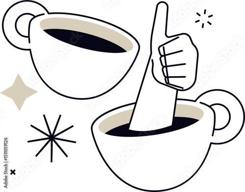 Coffee cup thumbs up cafe drink beverage caffeine espresso latte cappuccino mocha americano brew java mug 100 vector art illustration