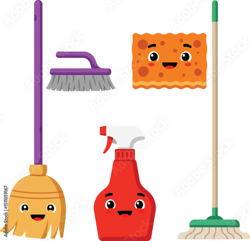 Cute cleaning supplies set with mop, broom, sponge, and spray bottle vector illustration for home and office hygiene