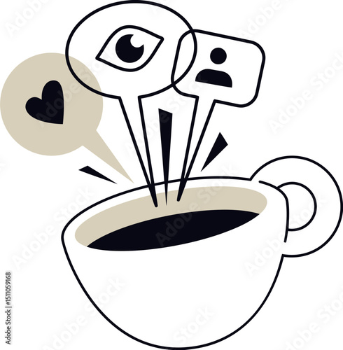 Coffee cup love heart steam drink beverage caffeine hot morning espresso latte cappuccino mocha java tea vector art illustration