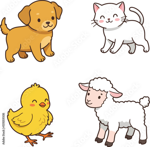 Cute dog cat chick and lamb animal cartoon characters vector illustration for children and education