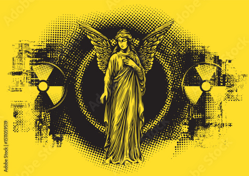 Vector banner with angel drawing on urban background with big city architecture elements and nuclear hazard signs. Nuclear war and apocalypse poster. No AI used
