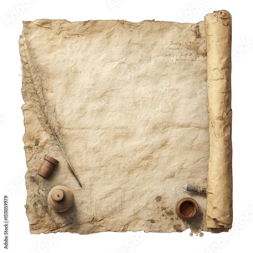 Aged parchment scroll with writing implements