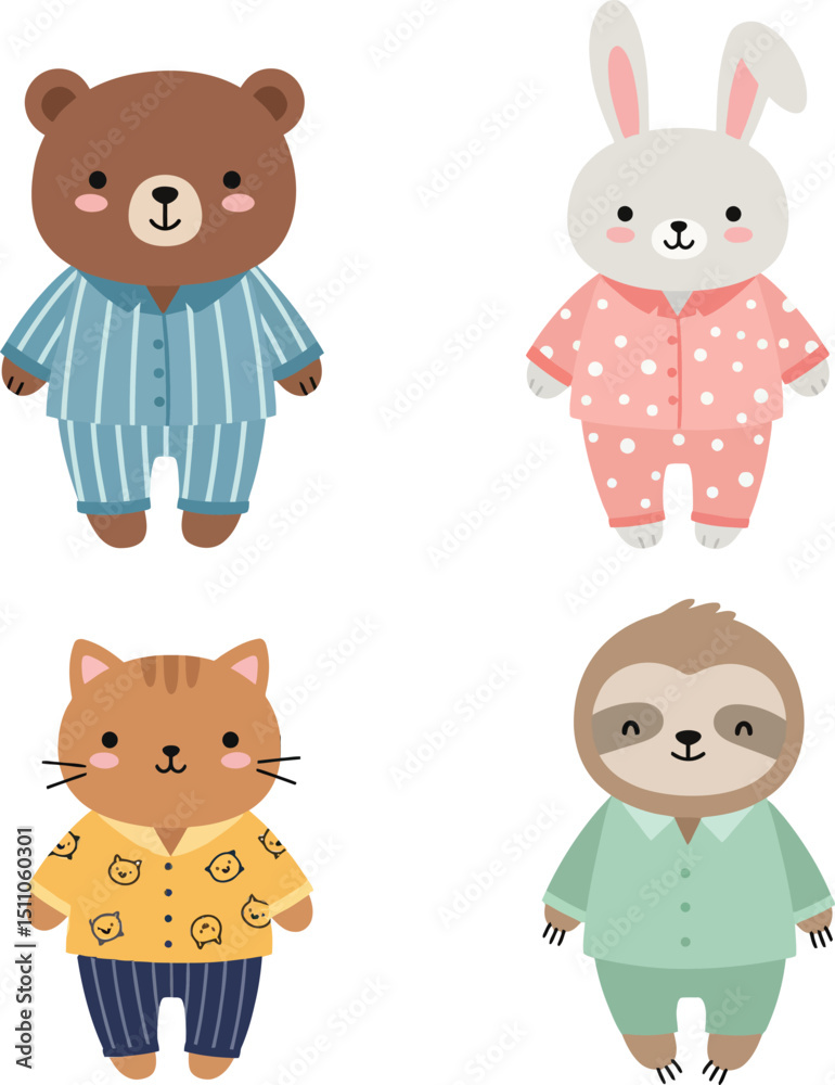 Fototapeta premium Cute animals in colorful pajamas bear rabbit cat sloth in cartoon style vector illustration