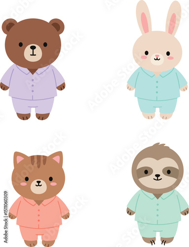 Cute animal characters wearing pajamas bear rabbit cat sloth in pastel colors vector illustration