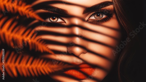 Wallpaper Mural Close-Up Portrait of a Woman with Striking Eyes and Glamorous Makeup Framed by Intricate Shadow Patterns Torontodigital.ca