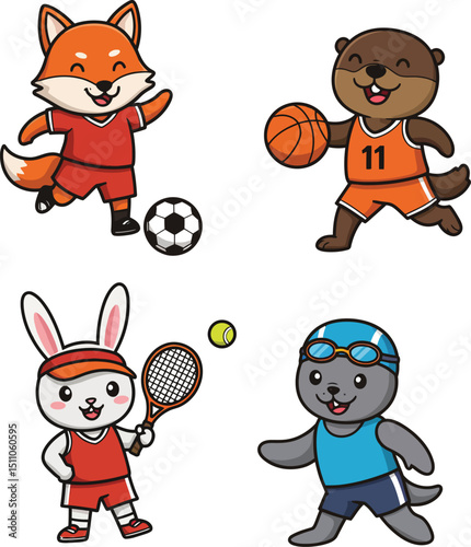 Cute fox playing soccer, bear dribbling basketball, rabbit holding tennis racket, seal swimming with goggles vector illustration in sports theme