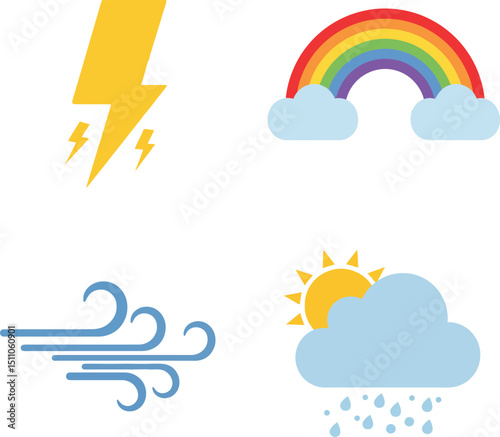 Weather icons featuring lightning bolt, rainbow, wind gusts, and rainy sun cloud in simple flat design vector illustration