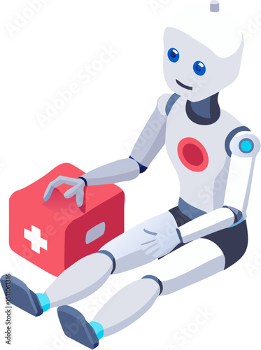 First aid kit with a fun cartoon cat illustration of a cute kitten doctor and dog patient