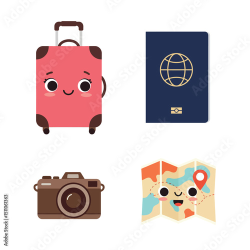 Cute travel suitcase passport camera and map icons for trip planning and adventure exploration vector set