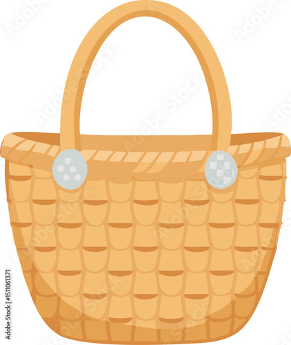 Empty brown wicker picnic basket with handle, isolated on white background