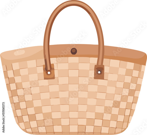 Empty brown wicker picnic basket with handle, isolated on white