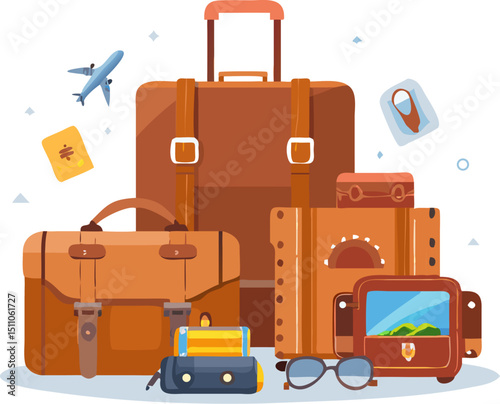 Set of travel icons and suitcases with heavy cargo transportation vehicle illustrations